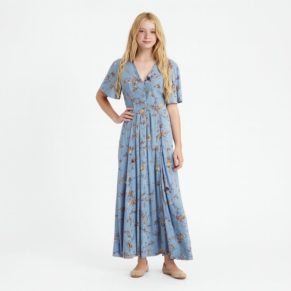 Blue Floral Button-Front Maxi Dress Pockets Size 6  Cottage Romantic Boho